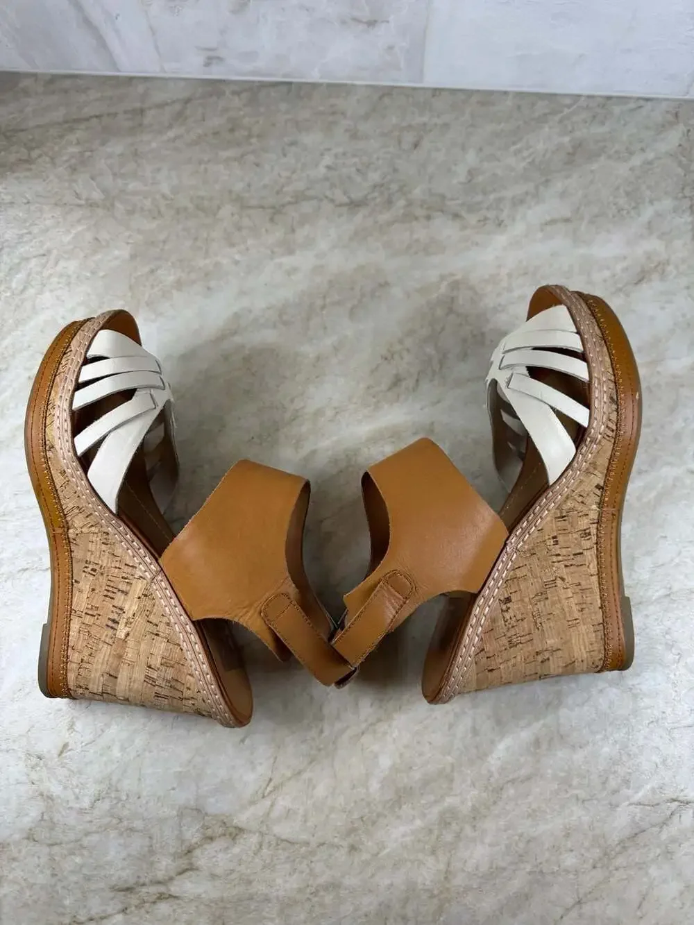 DV Dolce Vita Jaslyn Leather Cork Wedge Platform Sandals Tan White Womens 8.5